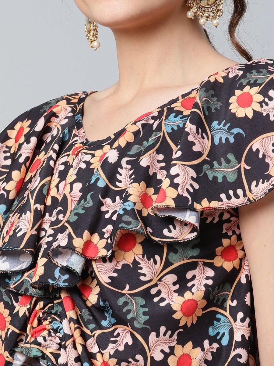 Ahalyaa Women Black Crepe Digital Print Top with Palazzo Set
