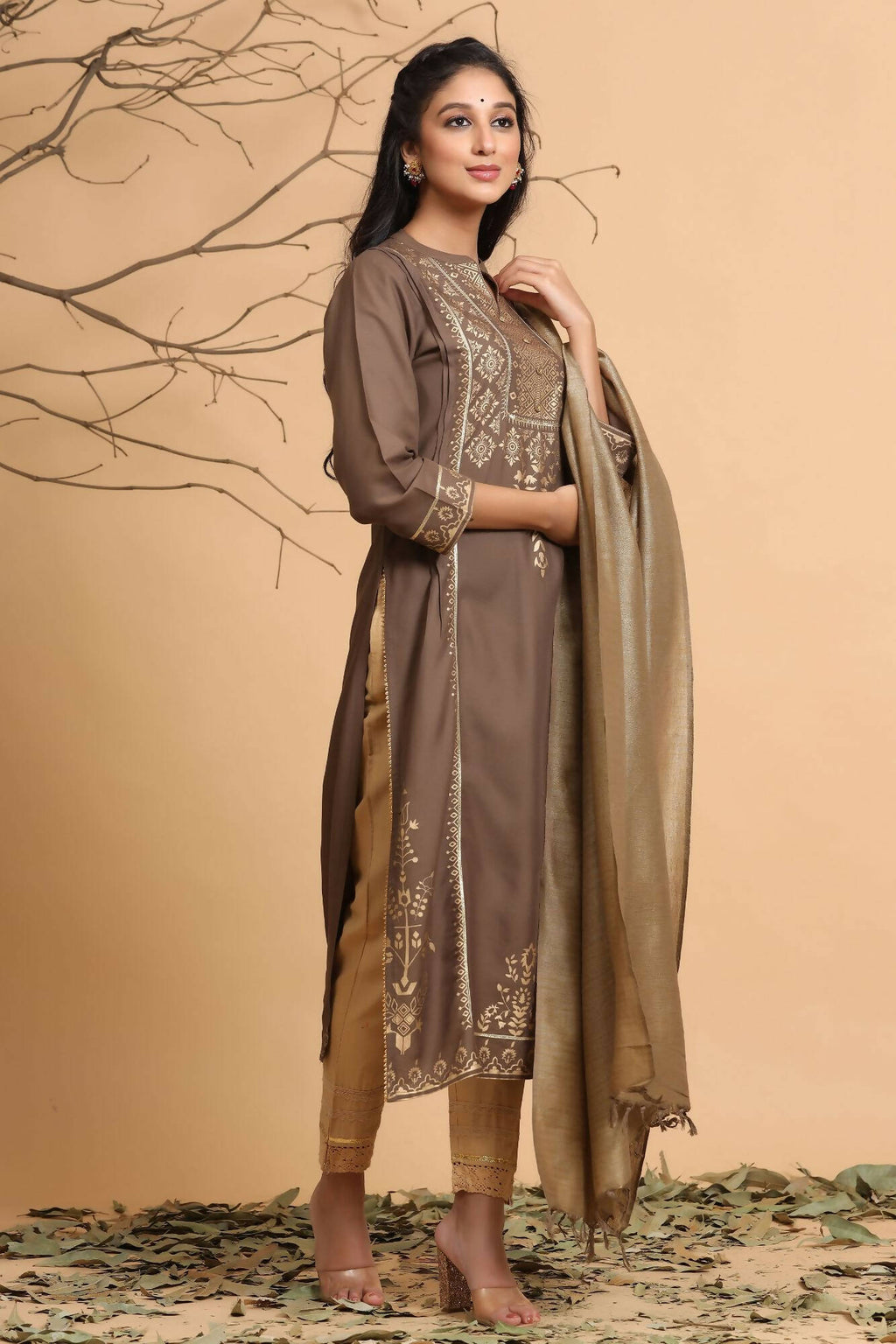 Juniper Women's Brown Rayon Printed Straight Kurta Set