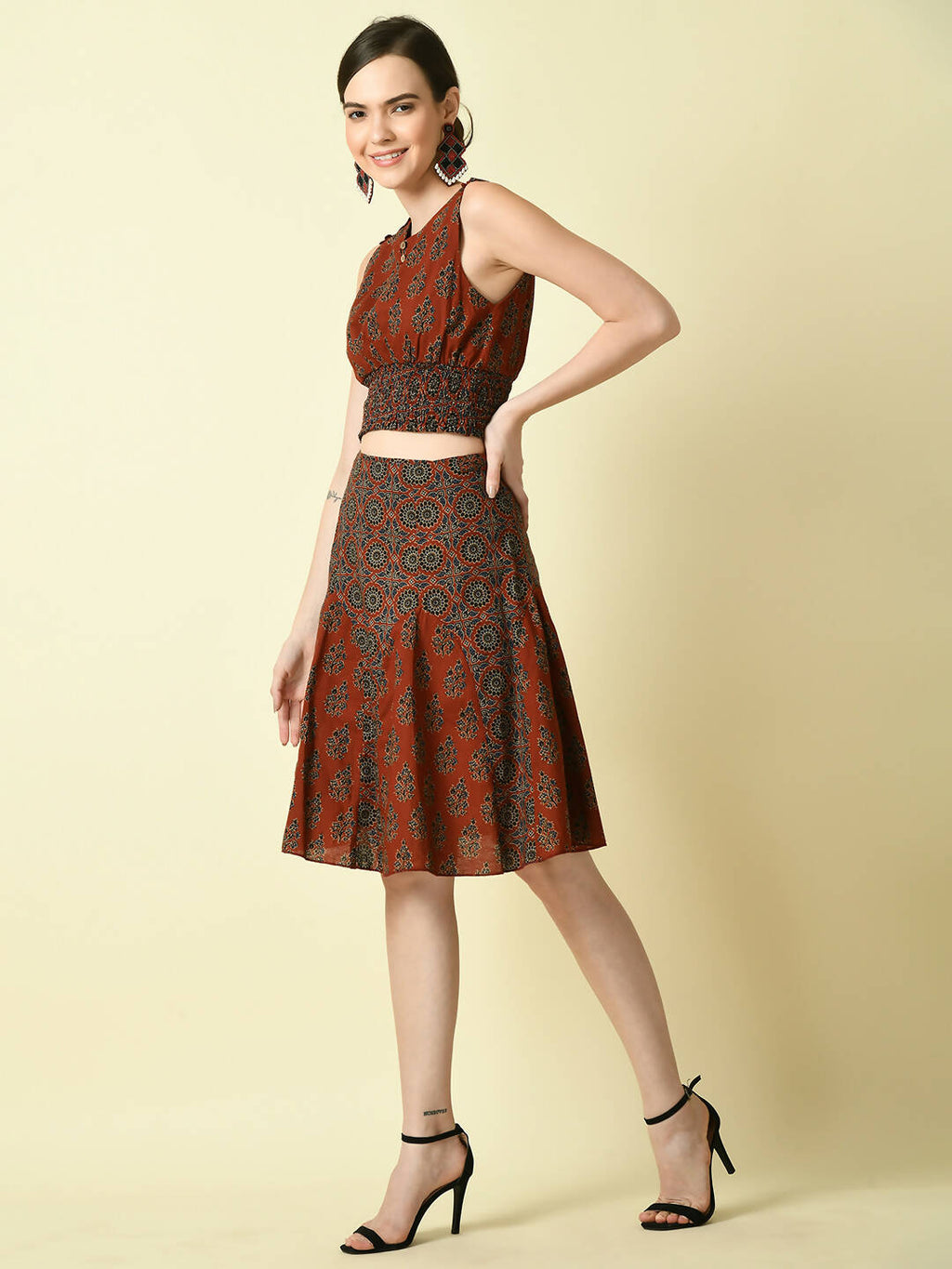 Myshka Women's Rust Ethnic Motifs Printed Top