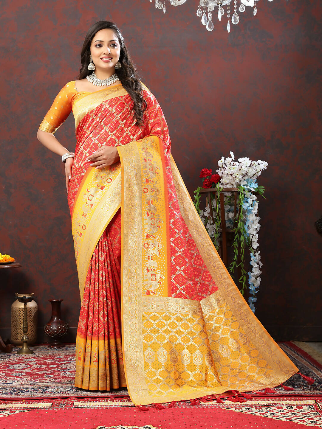 Lorenvalley Fashion Red & Yellow Patola Silk Woven Design Meenakari Weaving Saree