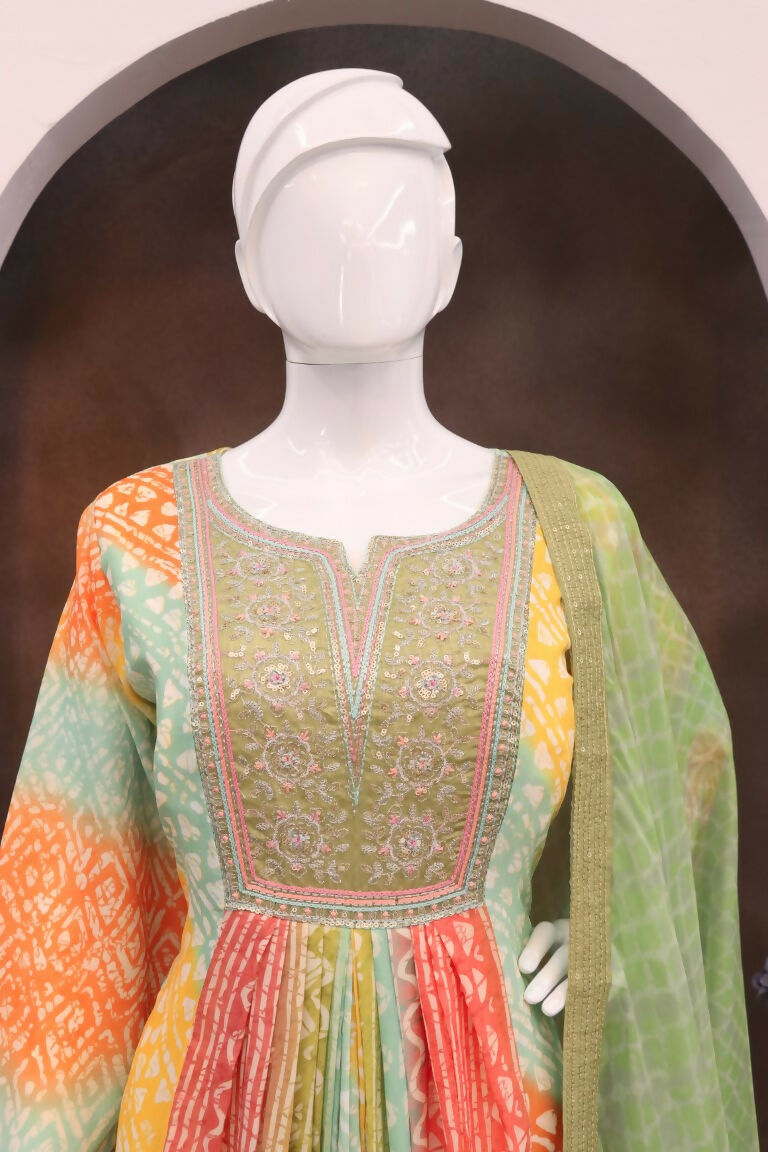 Vastranavya Turquoise Muslin Printed Sequins Beads Work Abaya Style Anarkali Suit