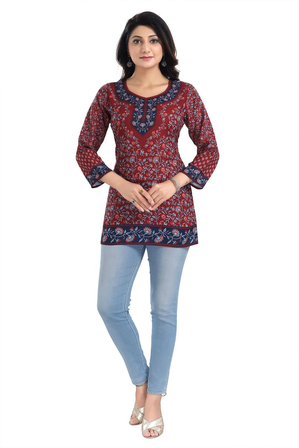 Snehal Creations Magical Maroon Summer Cool Printed Short Kurti Tunic Top