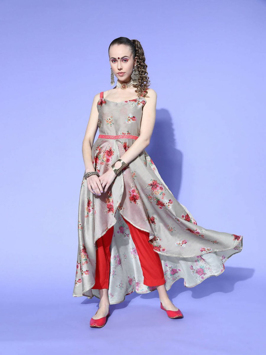 Ahalyaa Women Beige Colour Beautiful Chanderi Printed Kurta Pant Set