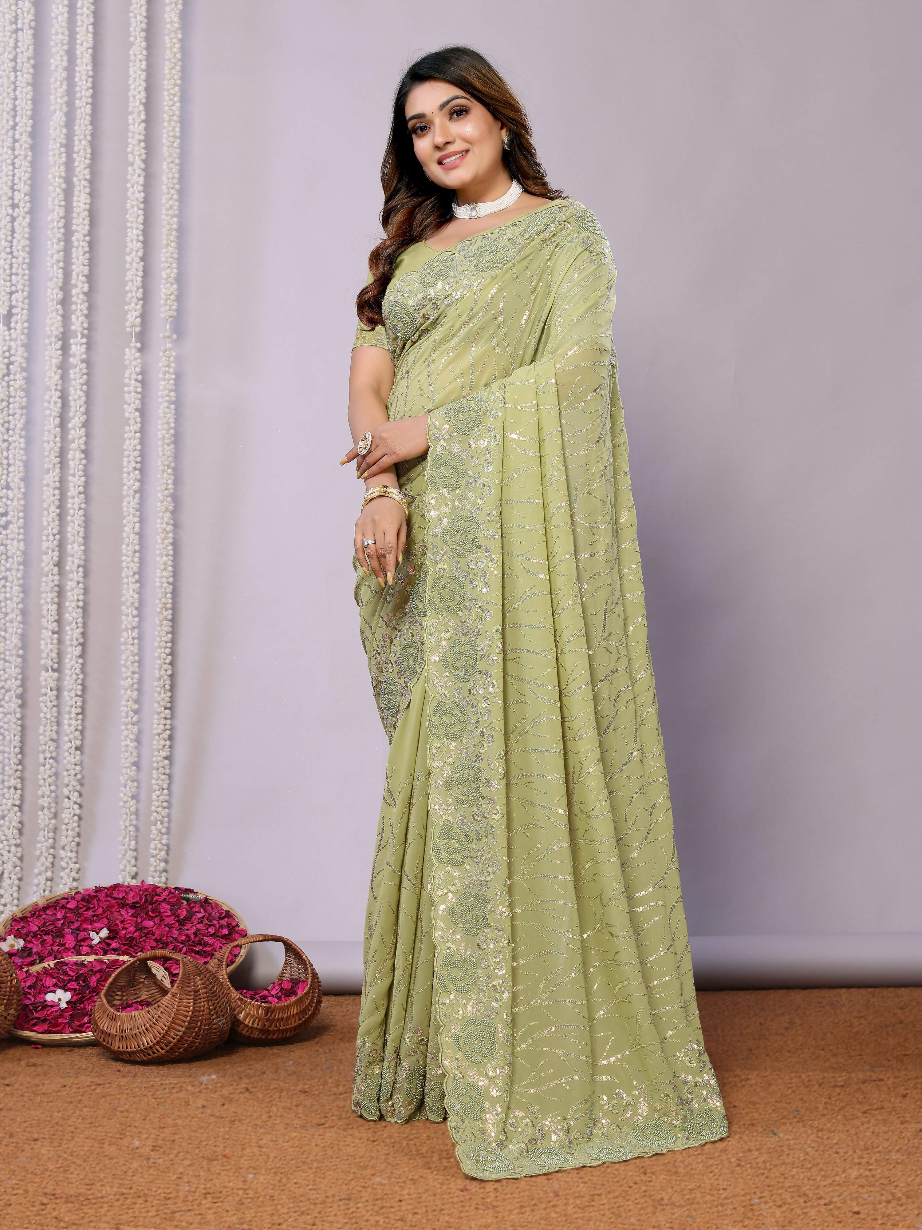 Gajari Pure Georgette Embroidered Saree With Stitched Blouse - Nimaya Kaksha