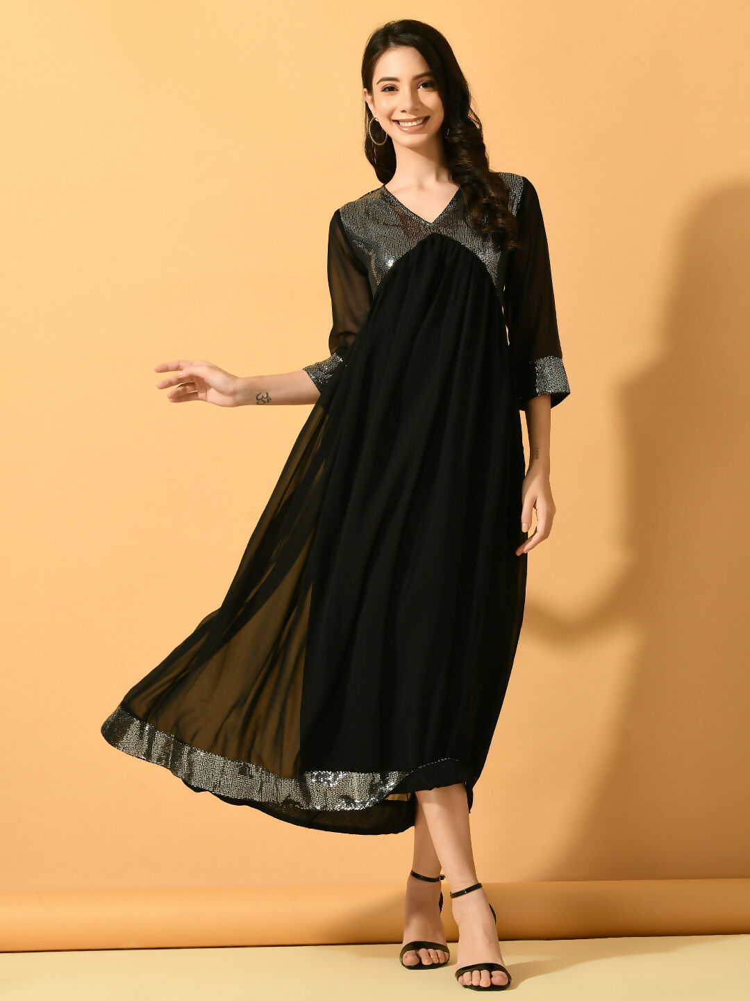 Myshka Women's Black Fit and Flare Party Dress