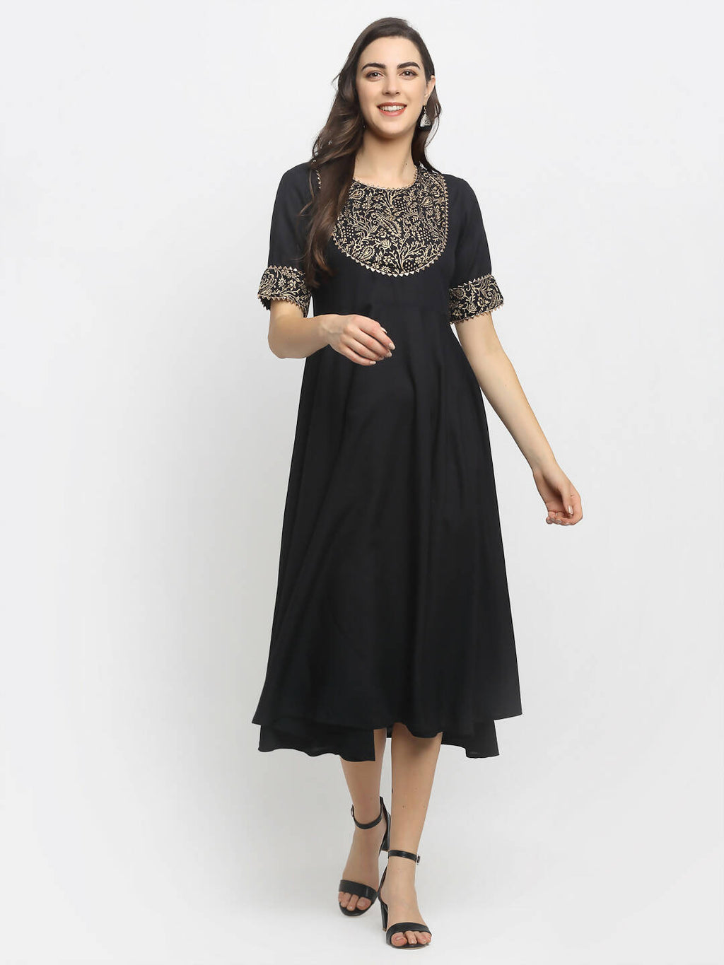 Rudra Bazaar Black Block Printed Flared Ethnic Kurta