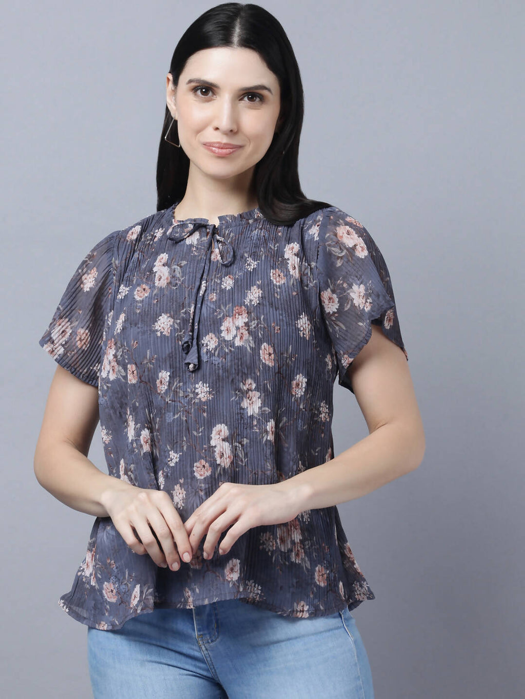 Myshka Women Charcoal Grey Peach-Coloured Floral Print Tie-Up Neck Georgette Top