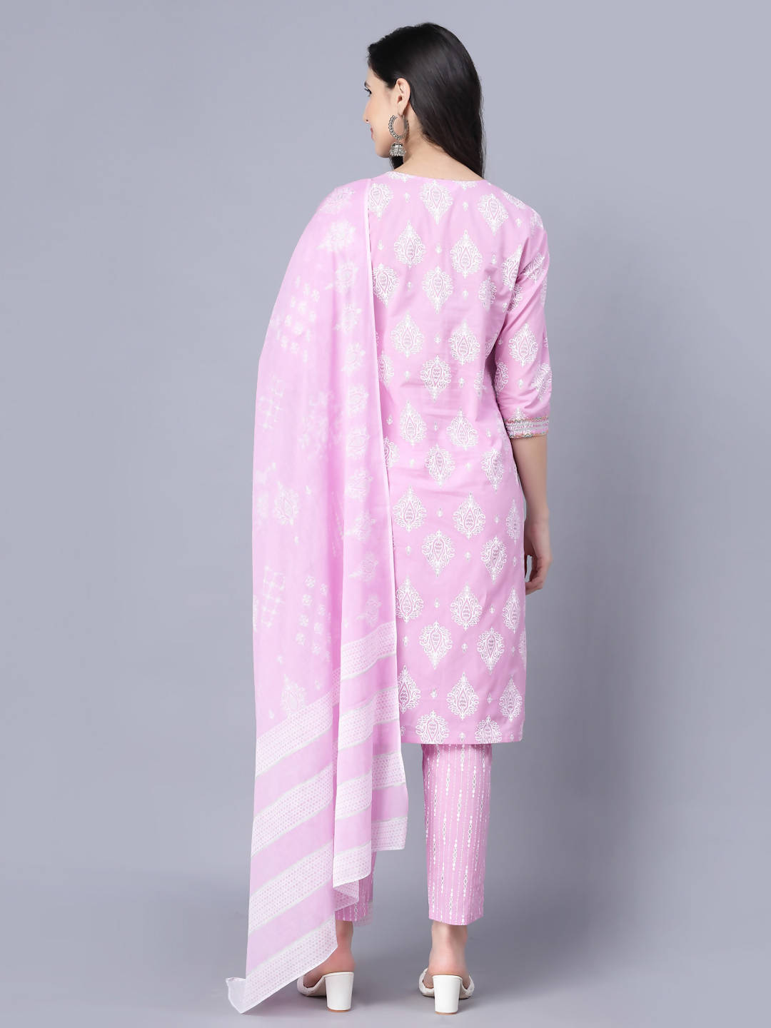 Myshka Cotton Printed 3/4 Sleeve Round Pink Women Kurta set