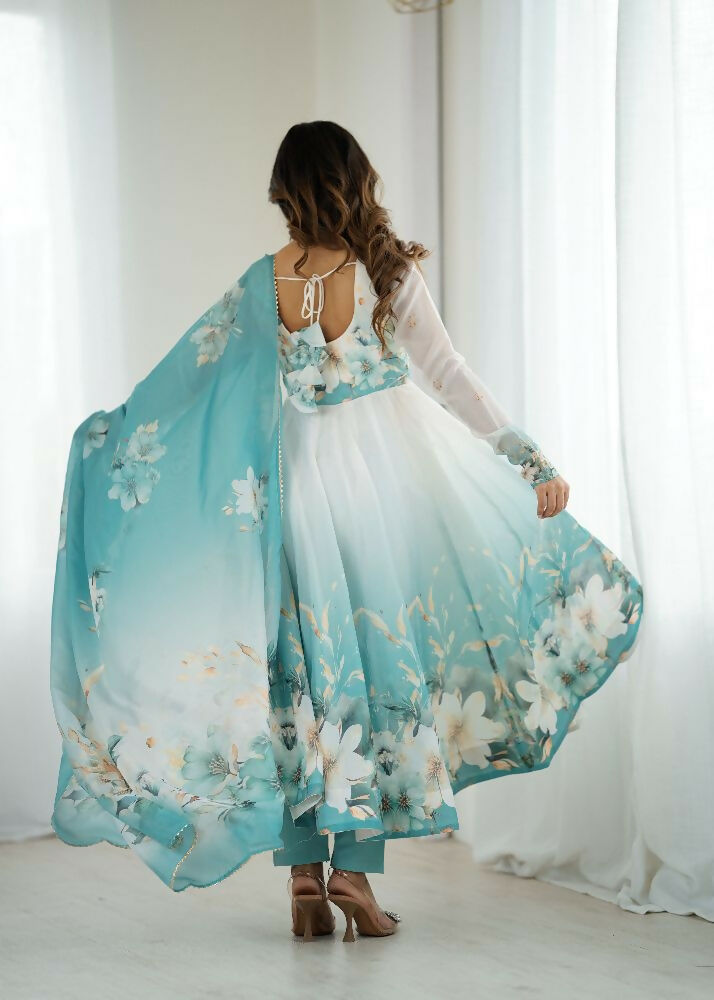 Joban Fashion Aqua Blue Kurta Set Organza Sequin Embroidery Work