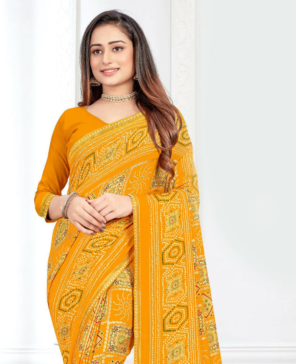 Yellow Georgette Bandhani Printed Saree With Unstitched Blouse Piece - Jyoti