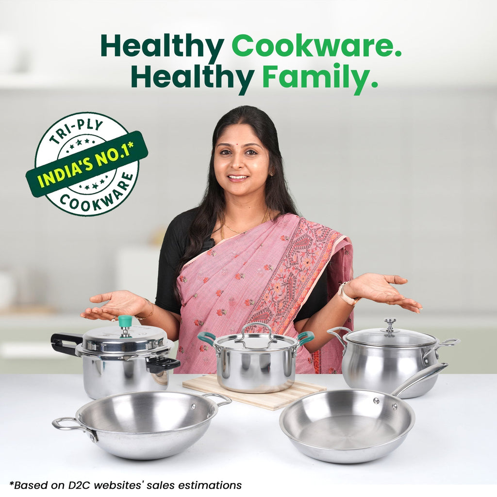 The Indus Valley TurboCuk Tri-ply Stainless Steel Fry Pan, Premium Quality, 3 Layer Thick Body, 100% Toxin-free, Non-stick, Induction & Gas,Spatula, 22/24/26 cm, 1.5/1.7/1.9L