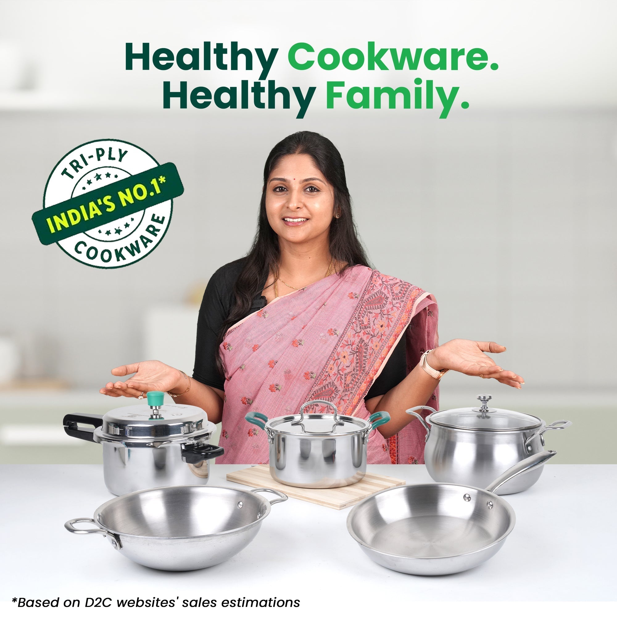 The Indus Valley TurboCuk Tri-ply Stainless Steel Fry Pan, Premium Quality, 3 Layer Thick Body, 100% Toxin-free, Non-stick, Induction & Gas,Spatula, 22/24/26 cm, 1.5/1.7/1.9L