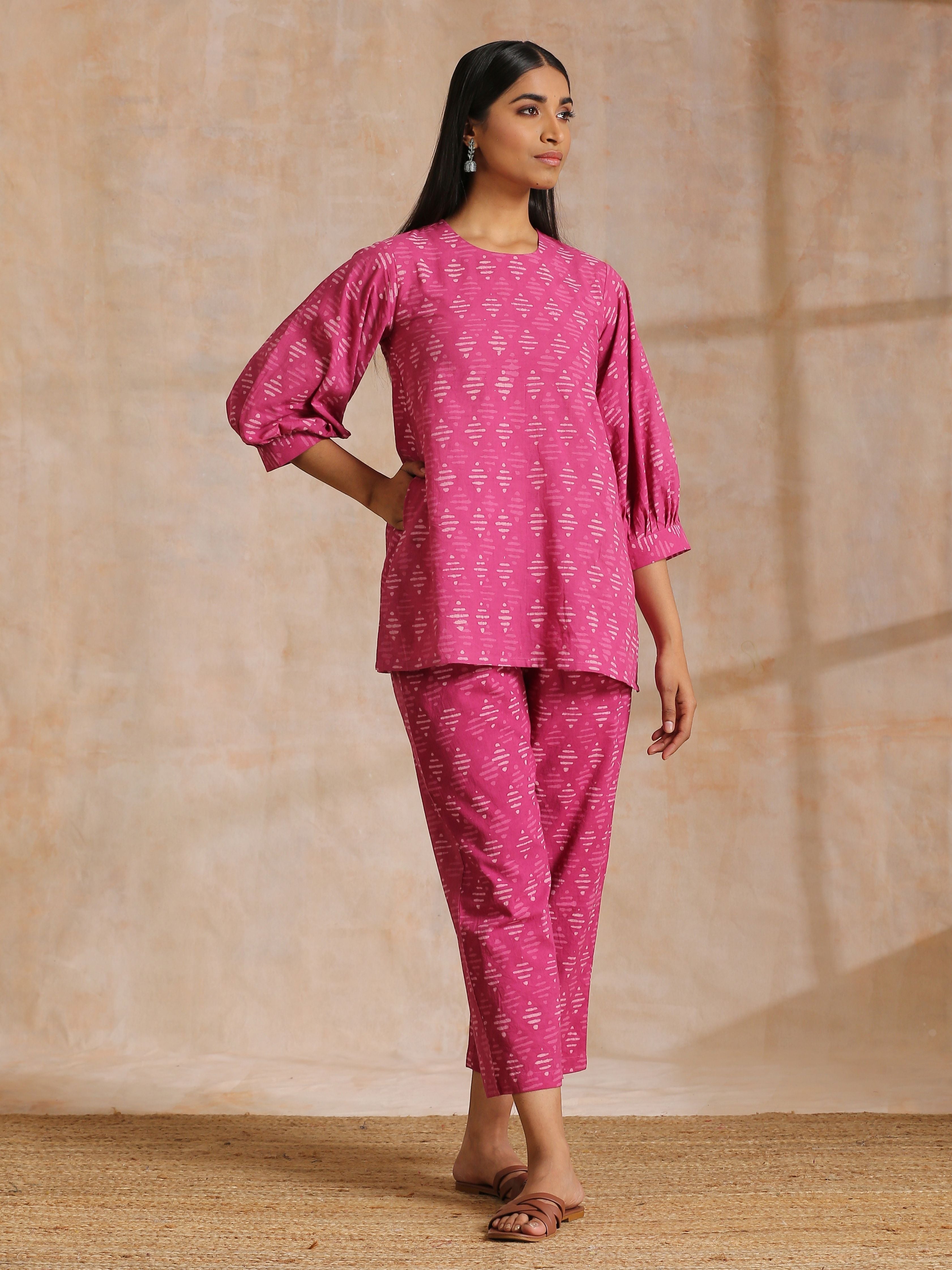 trueBrowns Pink Dabu Print Cotton Baggy Sleeve Co-Ord Set