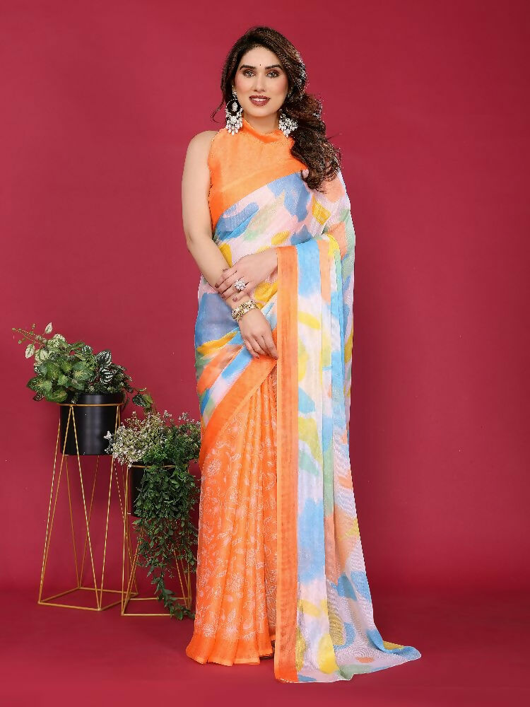 PR Fashion Orange Moss Chiffon Printed Saree