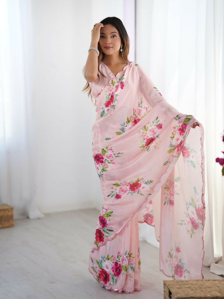 Pink Chinon Designer Digital Printed,Mirror Cut Work Saree - Manvika