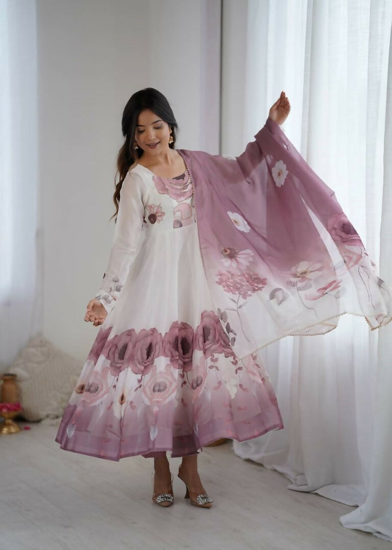 Teeya Creation Onion Color Soft organza Silk Digital Print Party Wear Gown