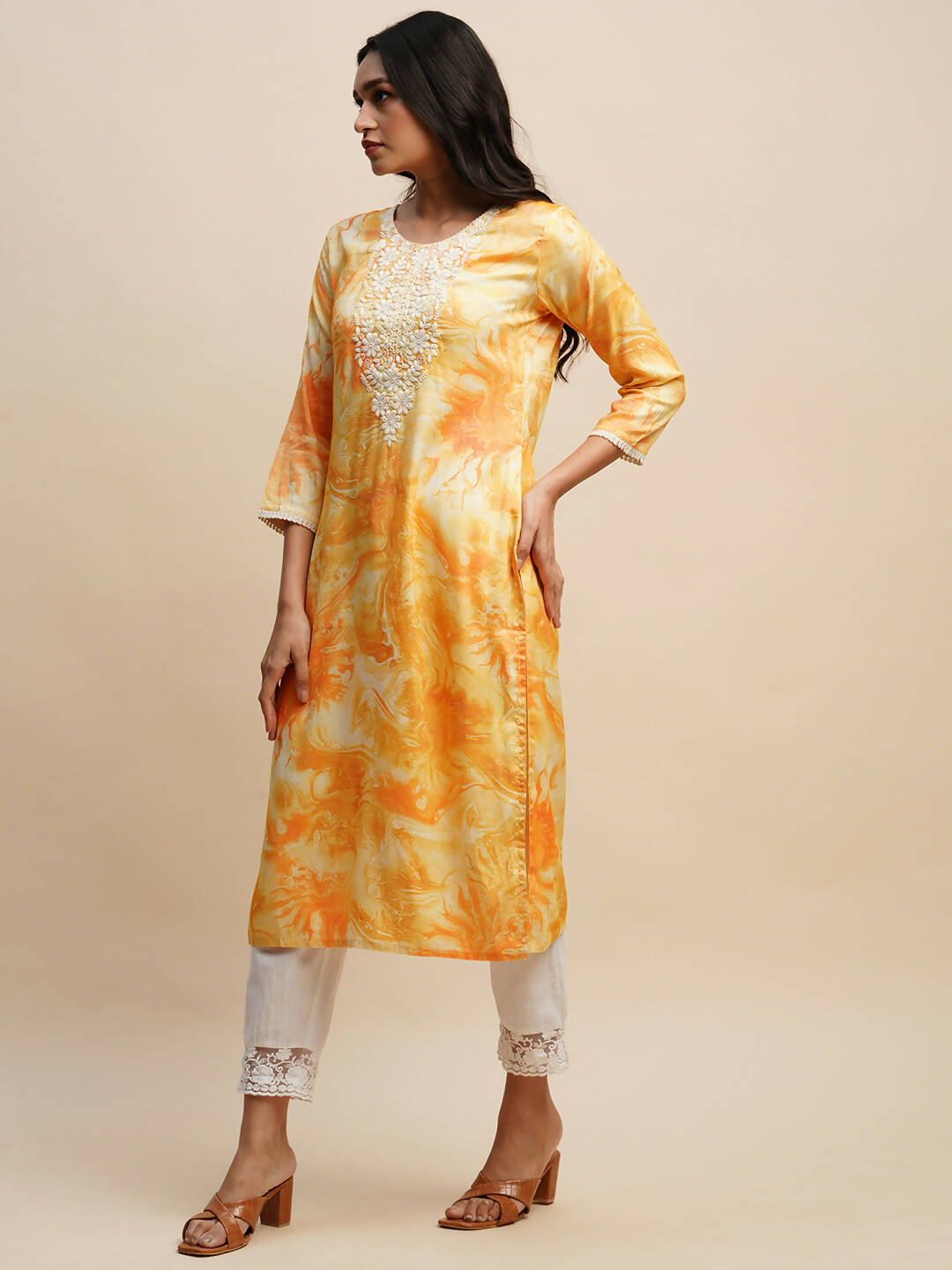 Mustard Poly Rayon Tie dye Printed Straight Kurta - Samira