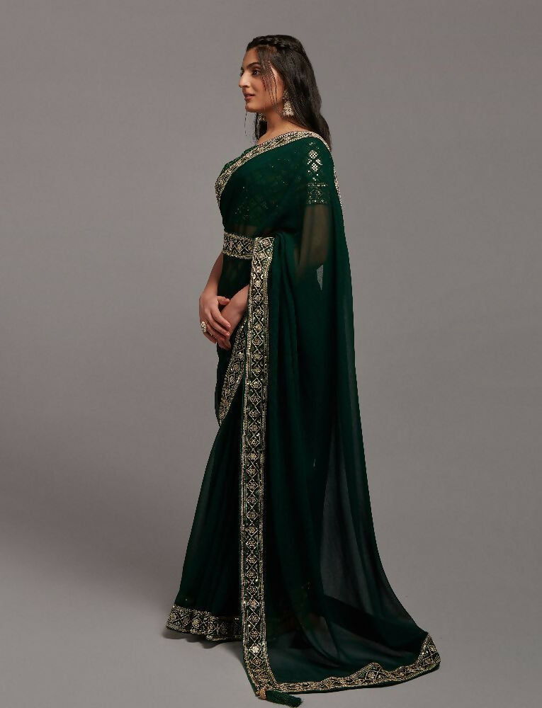 PR Fashion Green Zometo Embroidery Lace Saree