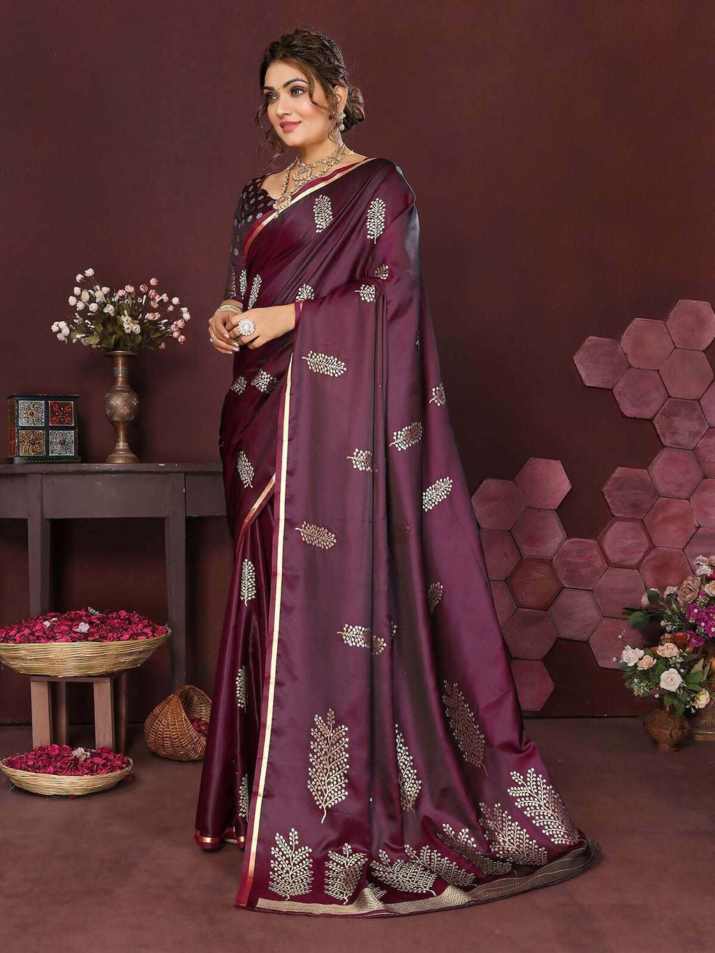Joban Fashion Wine Floral Motifs Banarasi Silk Sarees
