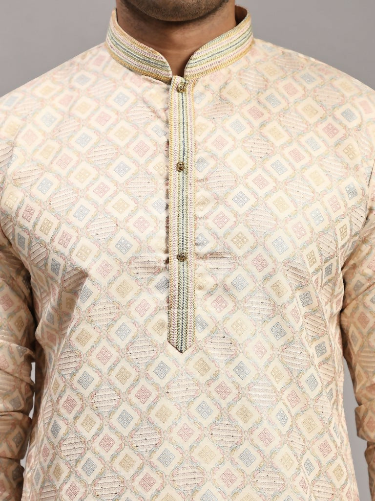Cream Viscose Jacquard Woven Jacquard Designer Men's Rajwadi Kurta Set - Mahotsav