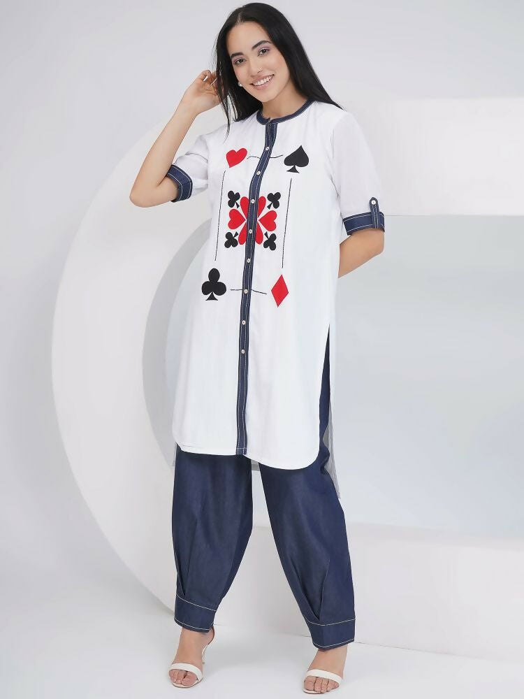 Joban Fashion White Rayon Crepe Applique Embroidered Shirt with Afghani Pants