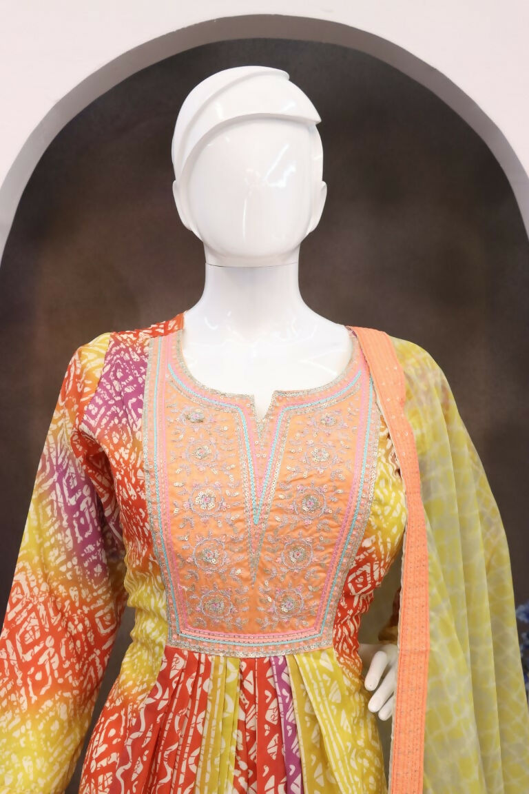 Vastranavya Red Muslin Printed Sequins Beads Work Abaya Style Anarkali Suit