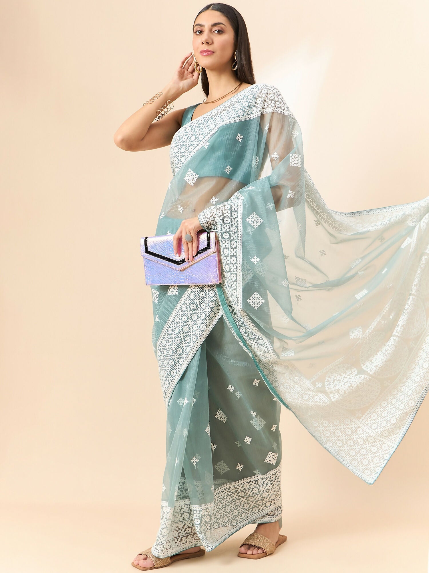 Blue Organza Geometric Embroidered Saree with Unstitched Blouse Piece - Roozal