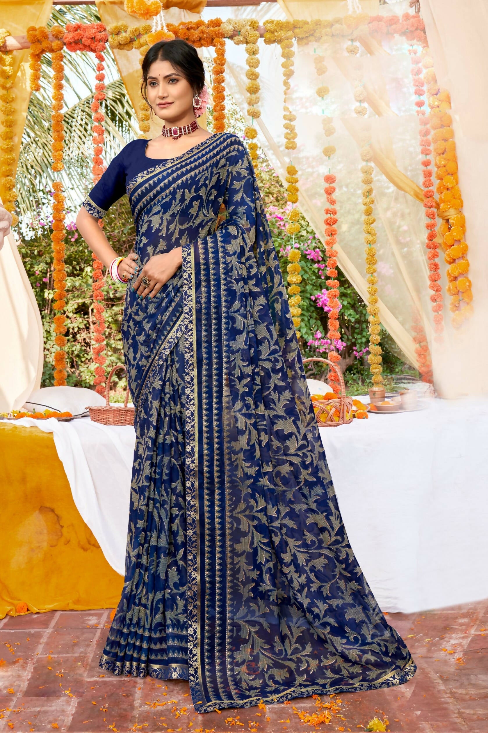 Navy Blue Georgette Foil Printed Saree with Unstitched Blouse piece - Avika
