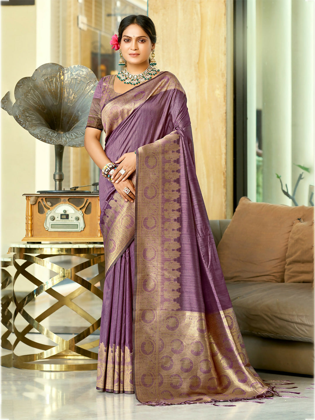 Sangam Prints Purple Assam Silk Woven Work Traditional Saree