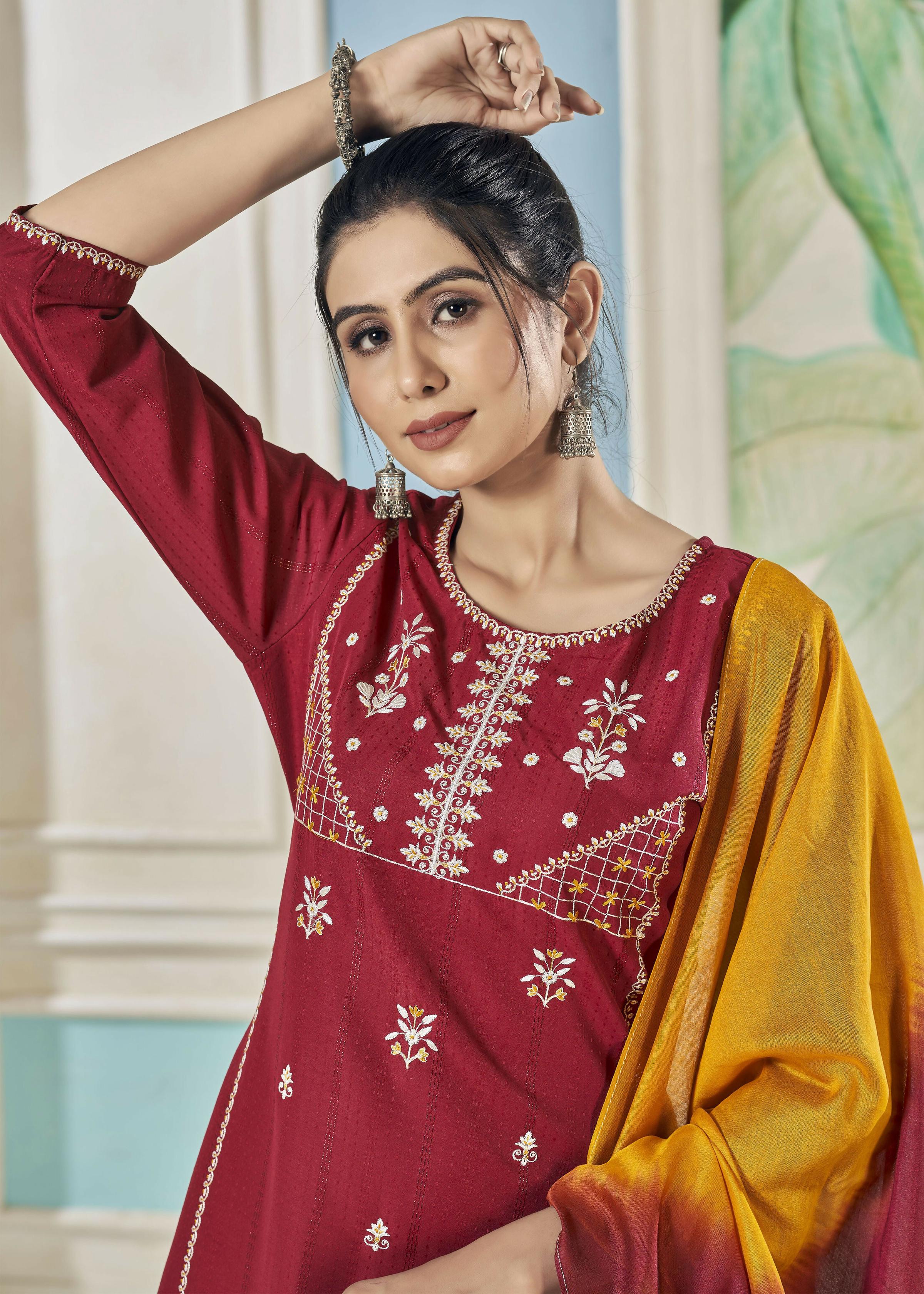 Jyoti Fashion Women's Maroon Pure Viscose Weaving Stripe with Embroidery Kurta Set