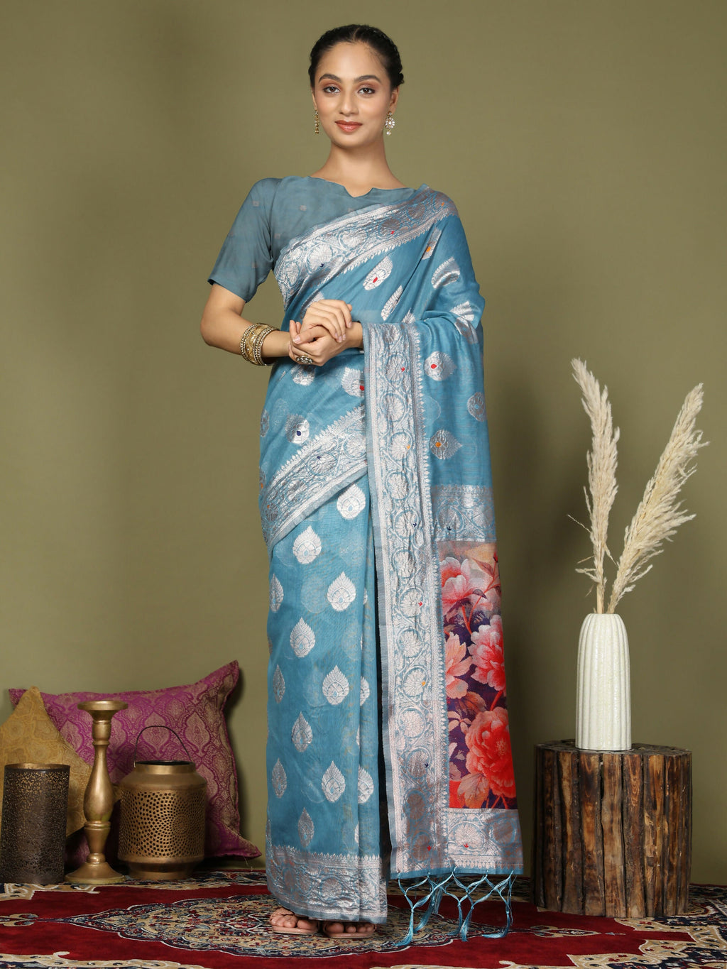 Shree Shyam Fashion Linen Cotton Sky Blue Saree