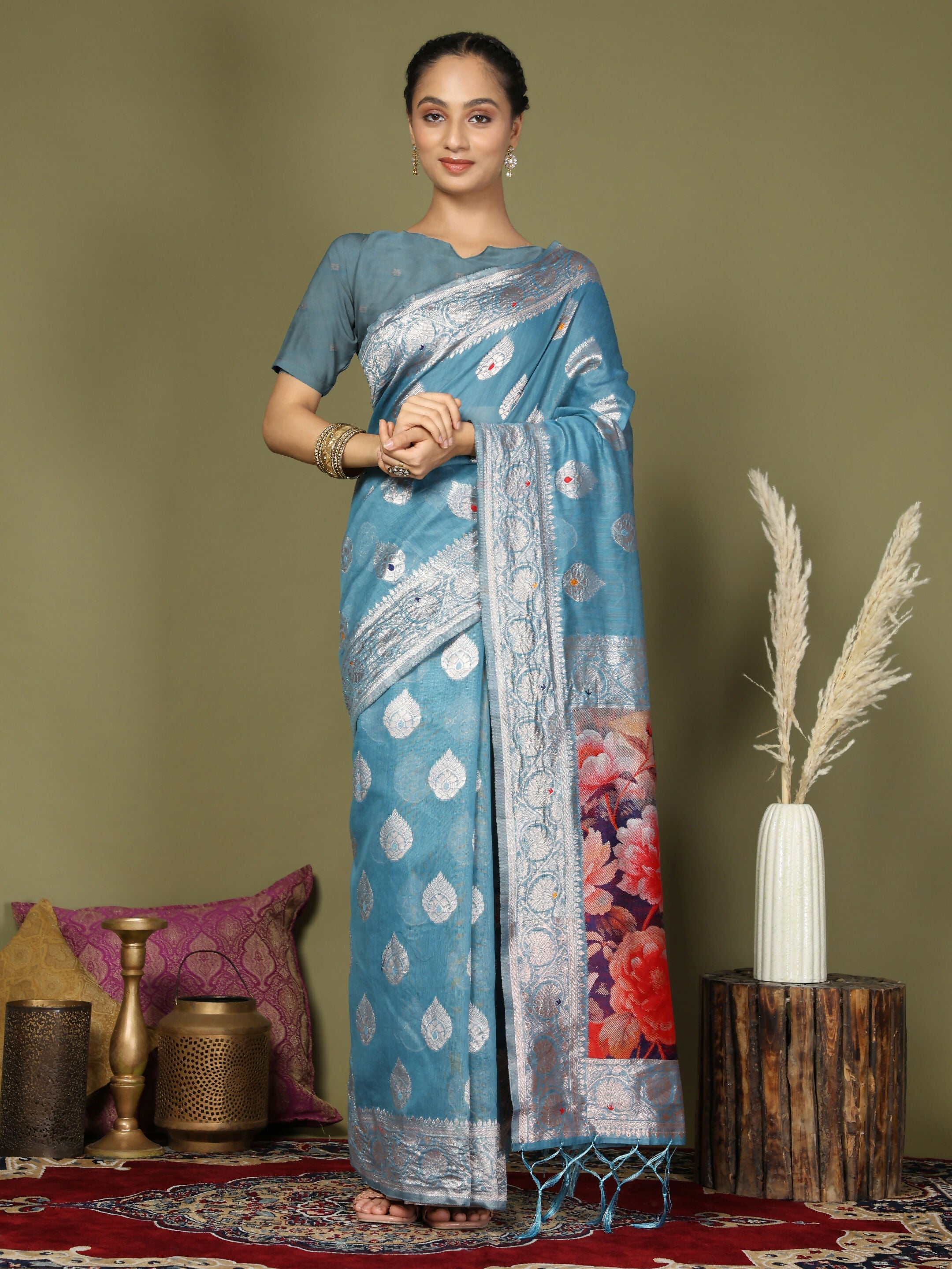 Shree Shyam Fashion Linen Cotton Sky Blue Saree