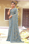 Grey Chiffon Printed Ivory Print and Zari work Saree with Unstitched Blouse Piece - Shanaya