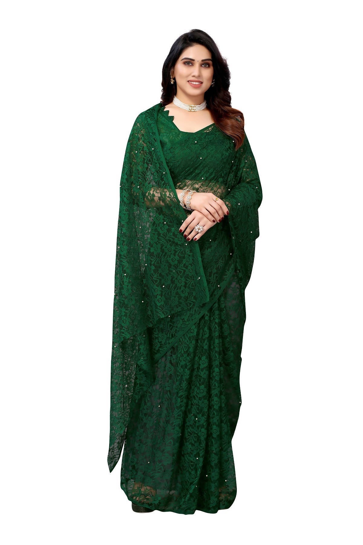 Vamika Ethnic Fire Green Pearls Net Saree