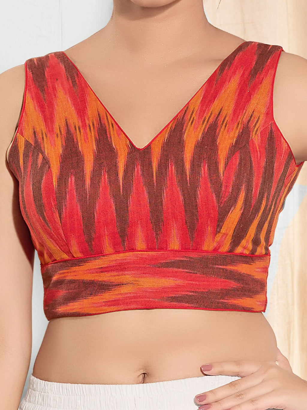 Joban Fashion Red Ikat Silk Padded Blouse With V Neck Sleeveless