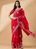 Red Cotton Blend Thread Embroidered Saree with Unstitched Blouse - Satya