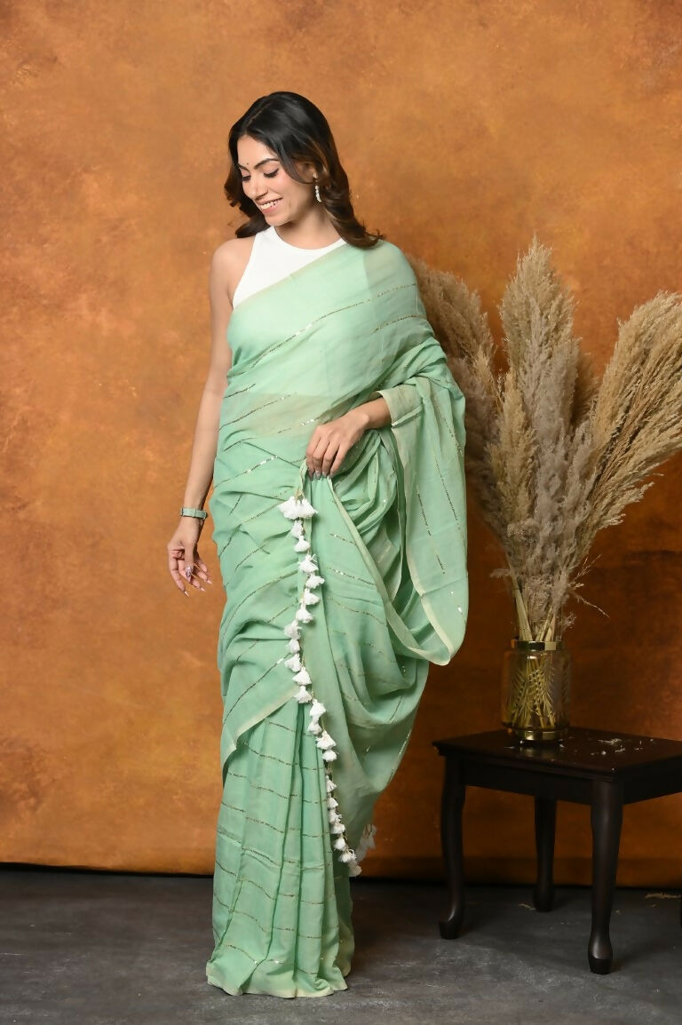 Very Much Indian Designer Mul Cotton Handloom Saree with Sequins - Sea Green