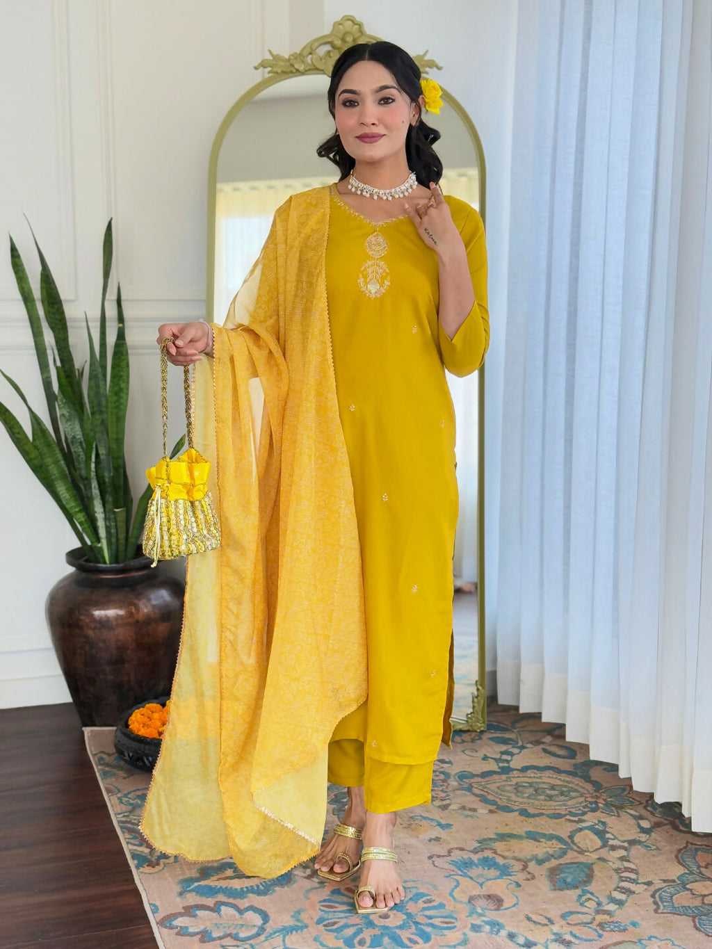 The52 Yellow Women's Beautiful Embroidered Rayon Fabric with Straight Kurta, Pant and Dupatta Set