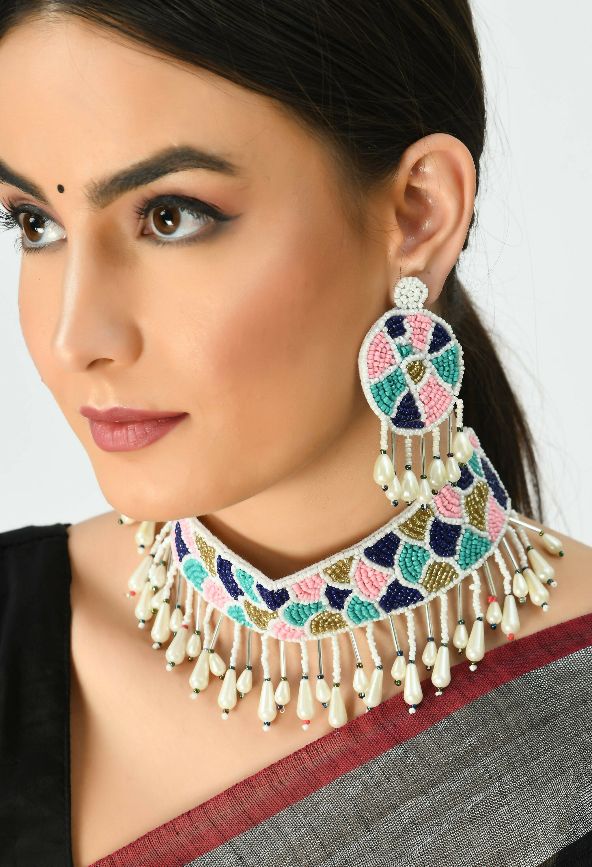 Mominos Fashion Johar Kamal Handicraft Multi Pearls Necklace with Earrings For Women