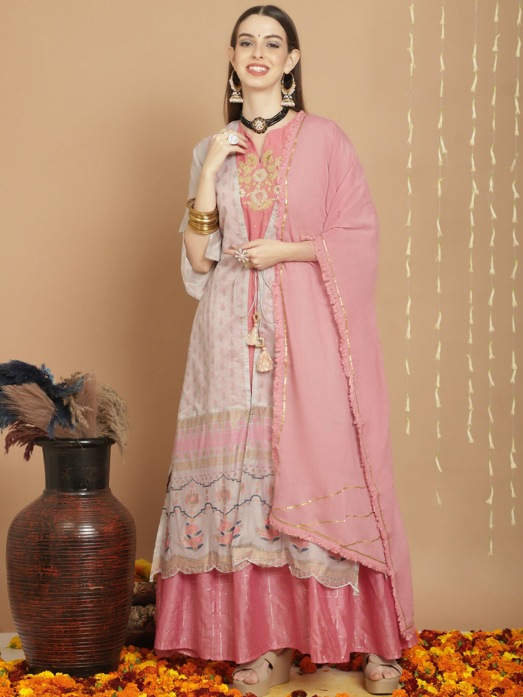 Jyoti Fashion Women's Grey Chanderi Silk Elegant Jardoshi Semi Kurta with Trouser & Dupatta