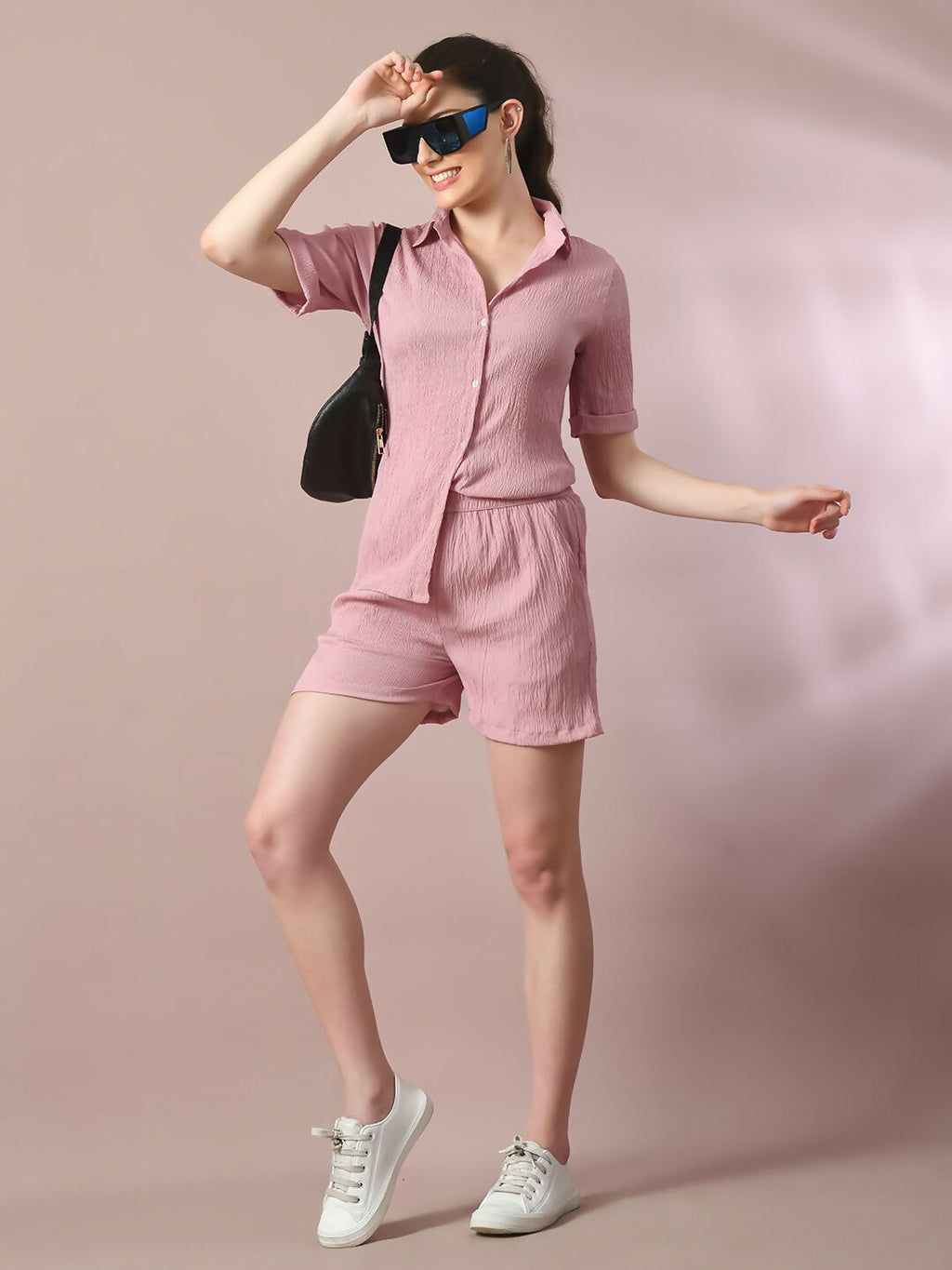 Myshka Women's Pink Solid Shirt Collar Party Shirt With Shorts Co-ord set