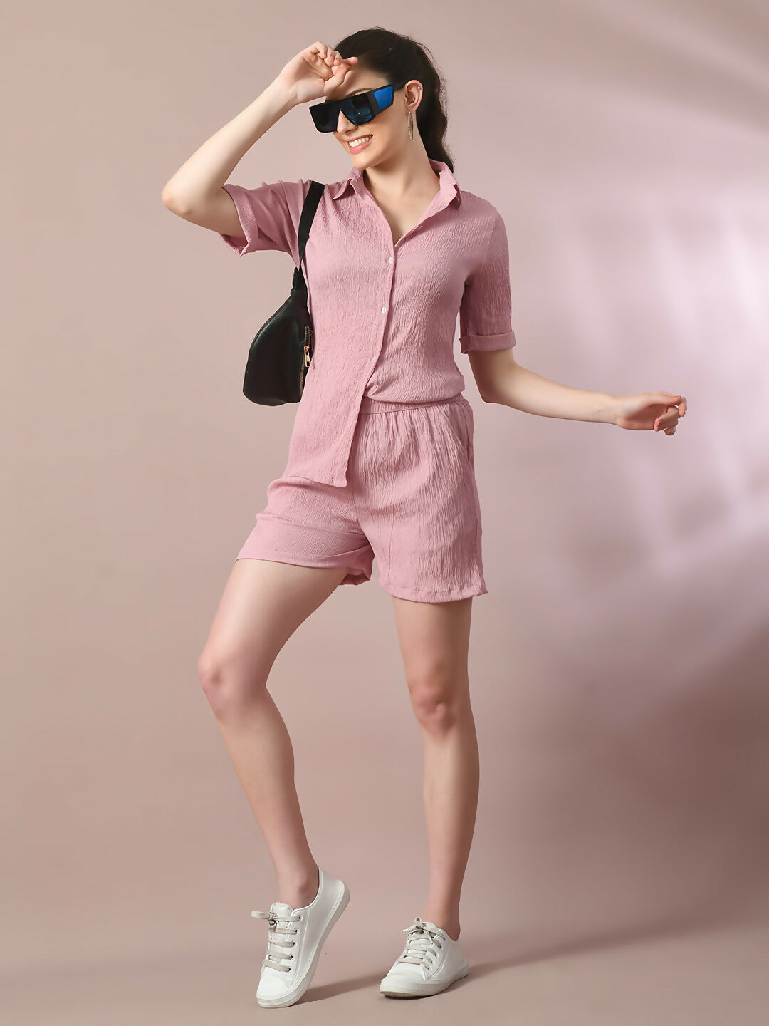 Myshka Women's Pink Solid Shirt Collar Party Shirt With Shorts Co-ord set