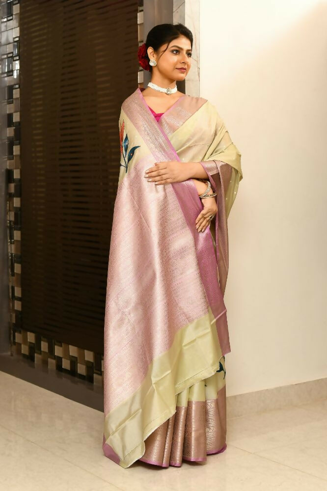 Joban Fashion Lavender & Brown Saree Kataan Applick Witch Mirror