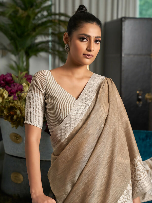 Shree Shyam Fashion Elegant Beige Woven Linen Saree with Contrast Zari Border & Tassels - Soft & Breathable Party Wear
