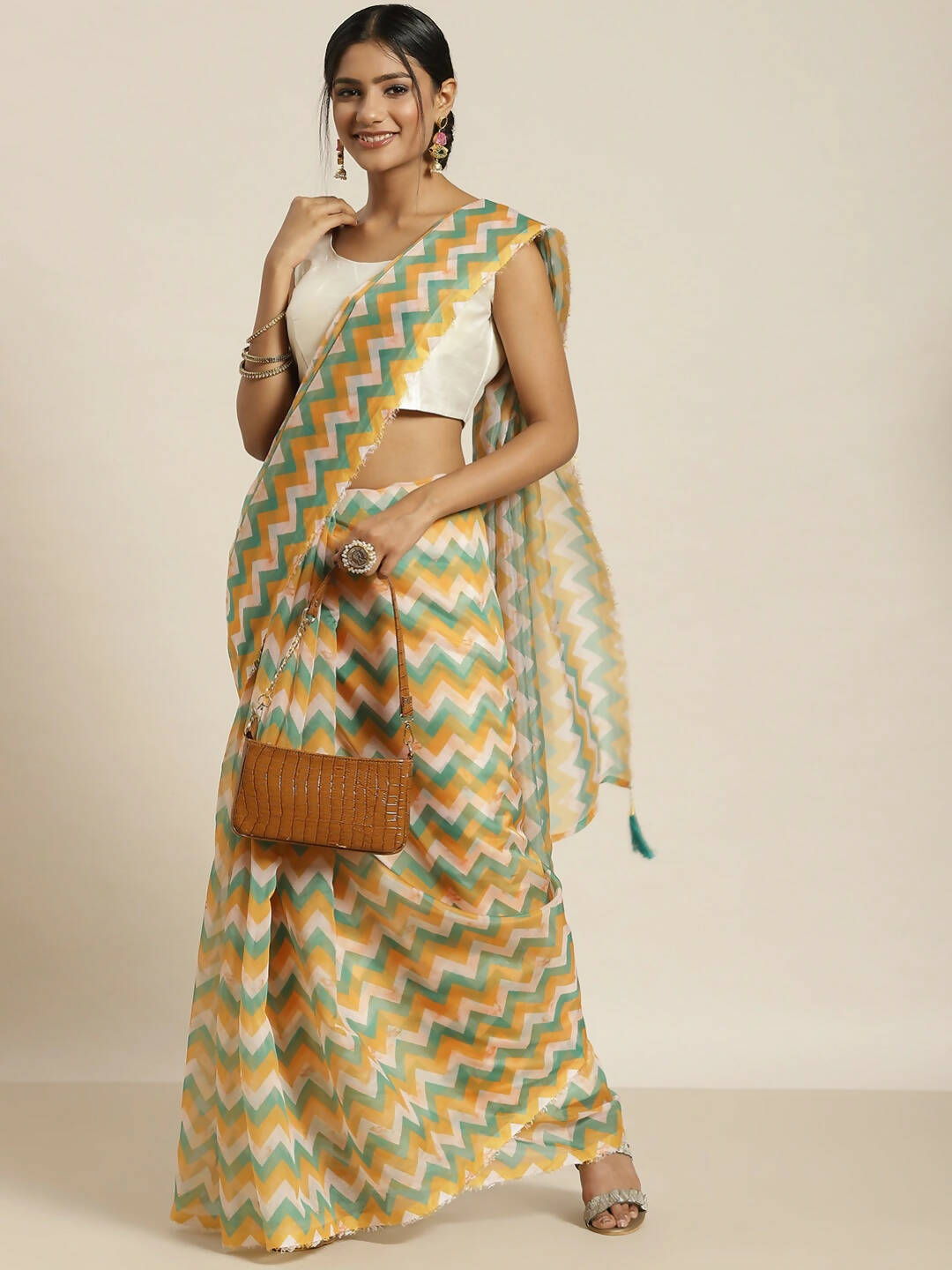 Green Organza Printed Saree With Blouse Piece - Nivaa