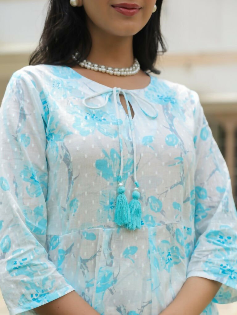 Aramya Flared Textured Cotton Floral Print Women's Kurta - White