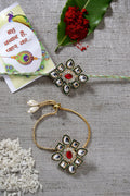 NVR Women & Men Set of 2 Gold Kundan-Studded Handcrafted Wraparound Rakhi Set With Roli Chawal & Chocolate