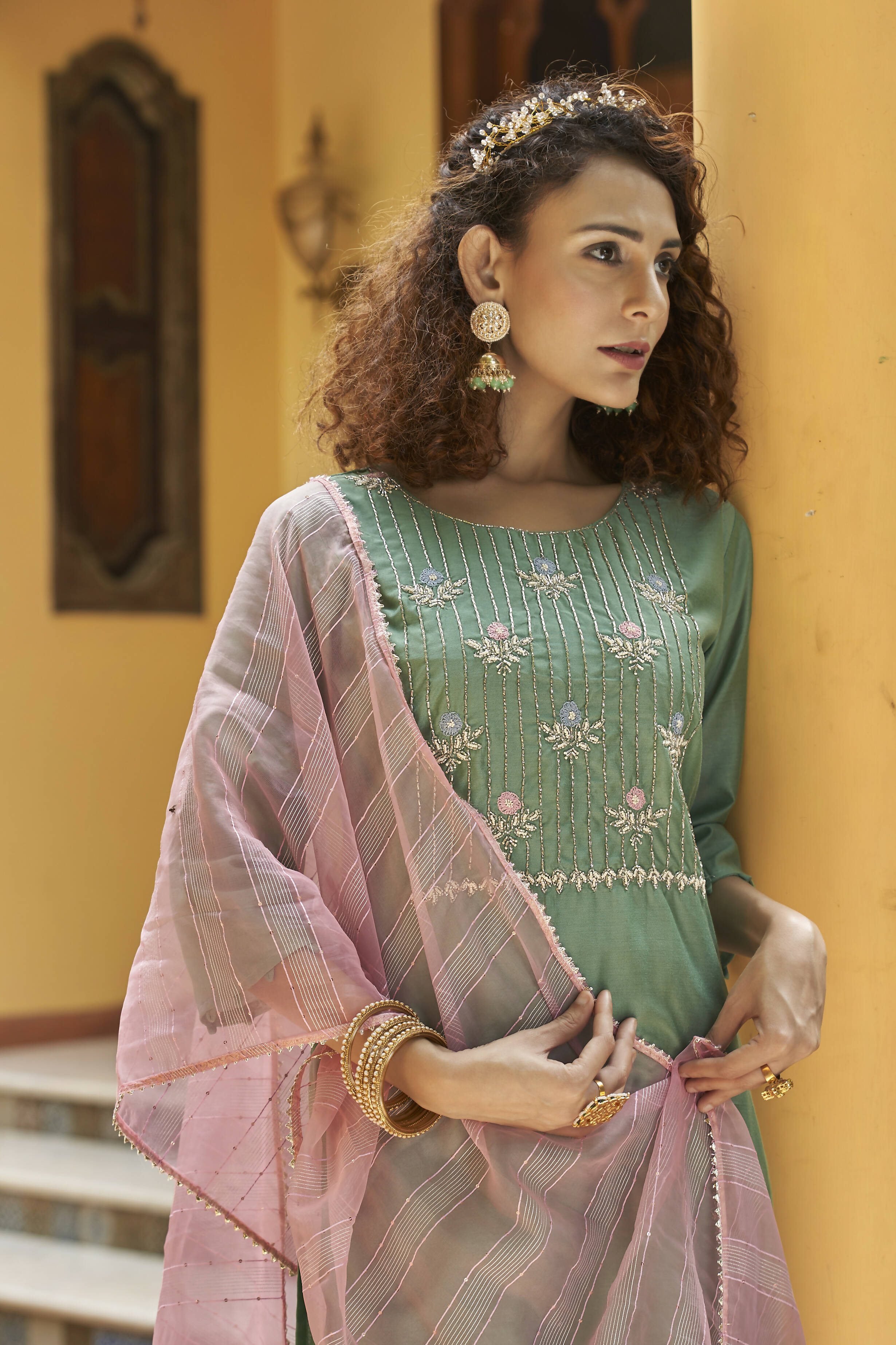Green Chinon Embroidered Kurta and Bottom with Dupatta - Akashara