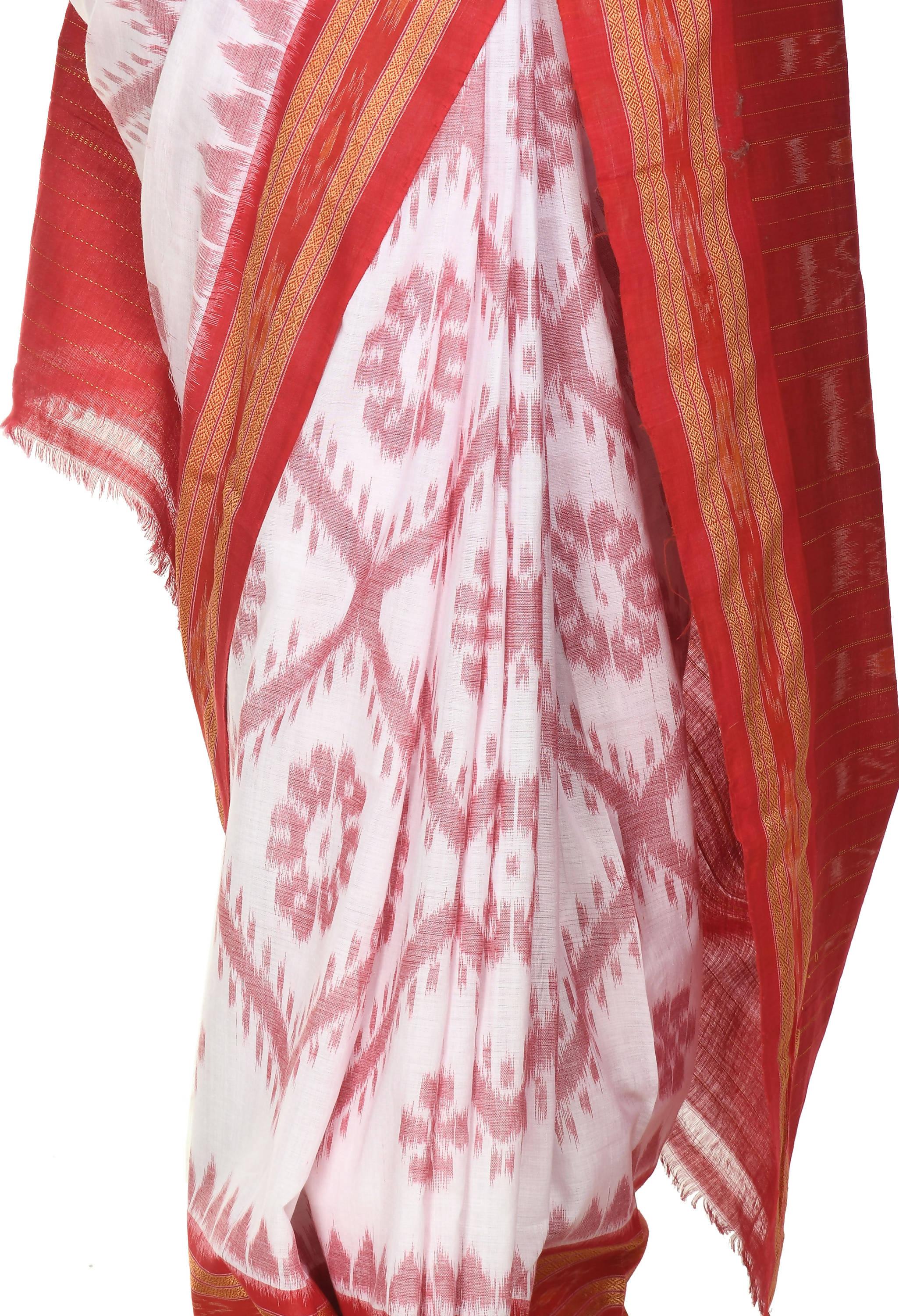 Vamika Sambalpuri Ikat Cotton Dehabandha Badafula White & Red Saree