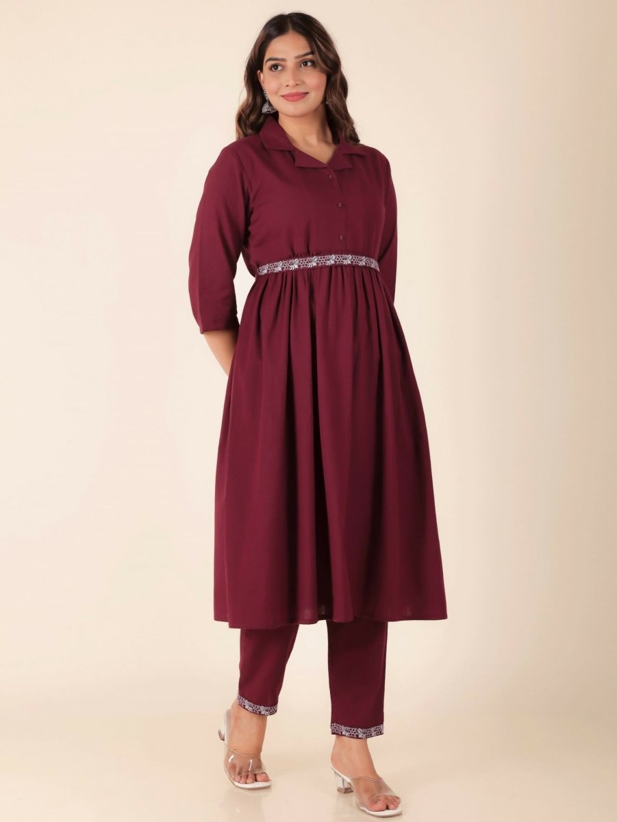 Aramya Maroon Linen Cotton Solid Print A-line Kurta Set for Women